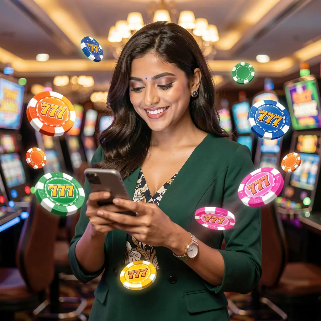 Happy Bangladeshi player using the XE 66 casino app with glowing chips and slot icons floating around in a vibrant gaming scene