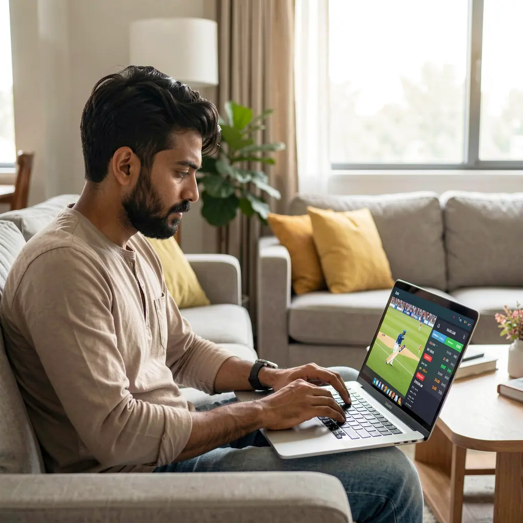 Bangladeshi player placing real time cricket bets on a laptop with detailed match statistics and betting options using XE 66
