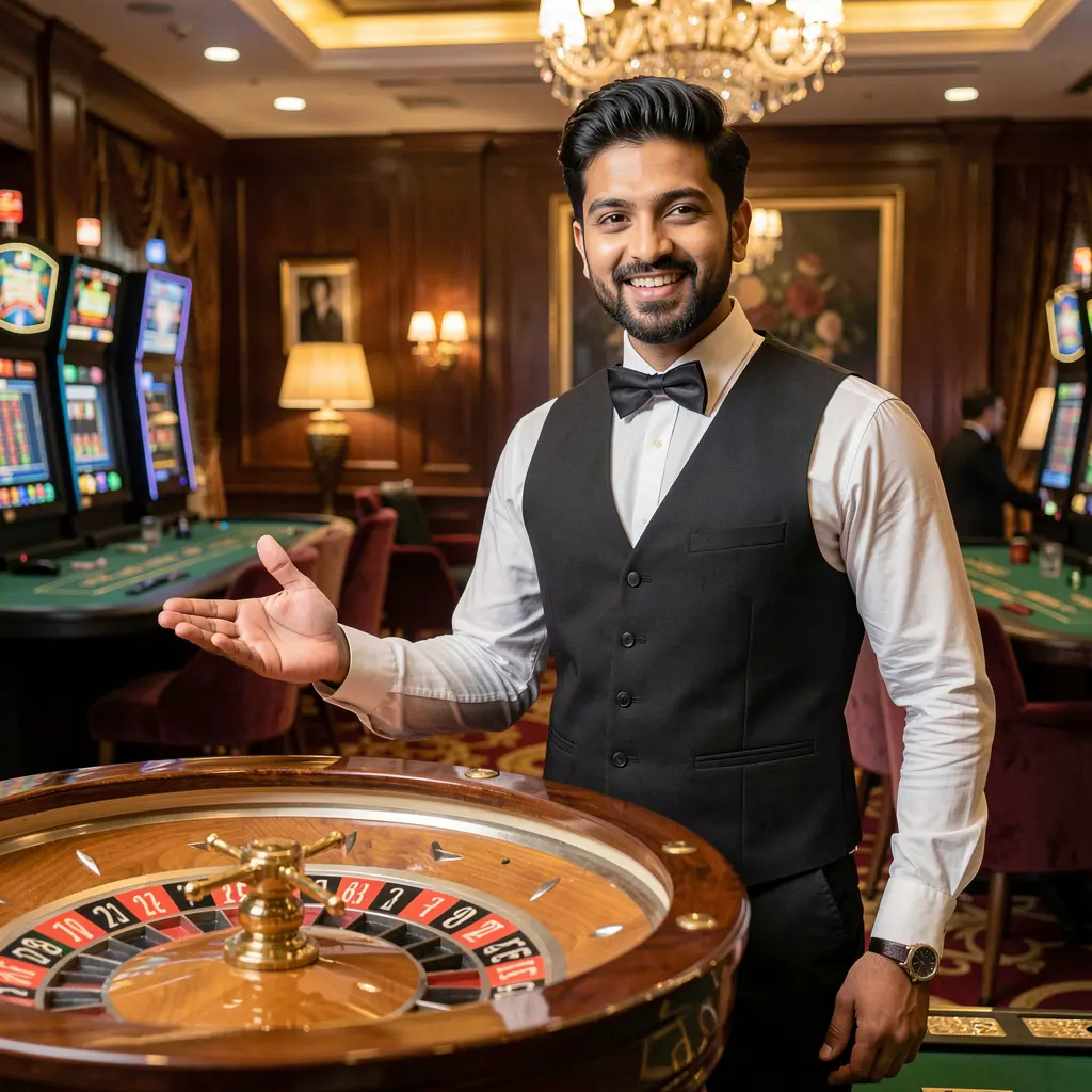 Professional live casino dealer standing by a roulette table in a luxury gaming hall representing the high quality live casino experience at XE 66 for players in Bangladesh
