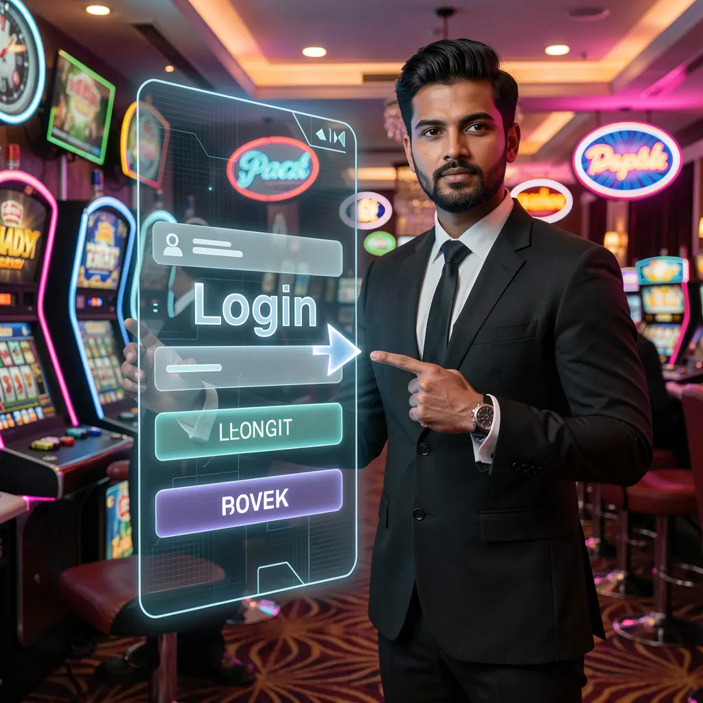 Professional Bangladeshi casino dealer in a black suit pointing at a glowing XE 66 login interface with neon lights symbolizing secure access
